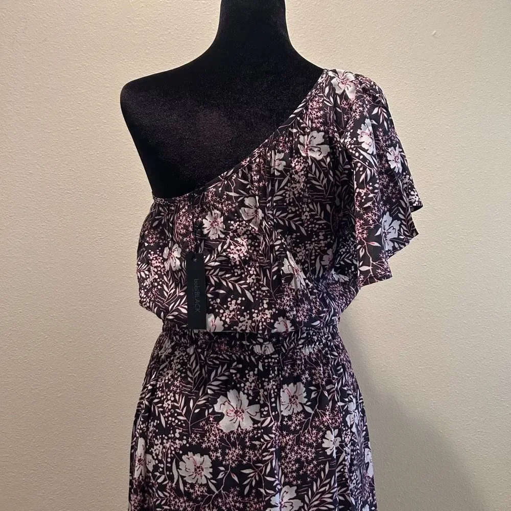 NWT Medium Bobi Black Floral One Shoulder Ruffle Dress​
